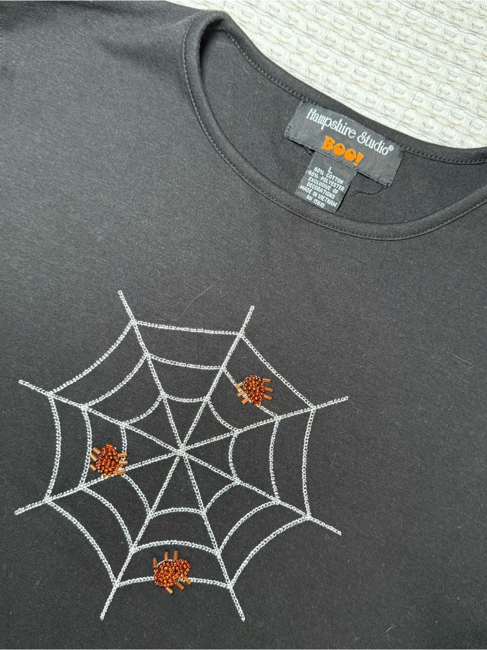Hampshire Studio Boo Halloween Shirt Womens Large Long Sleeve Spider Web Bling
